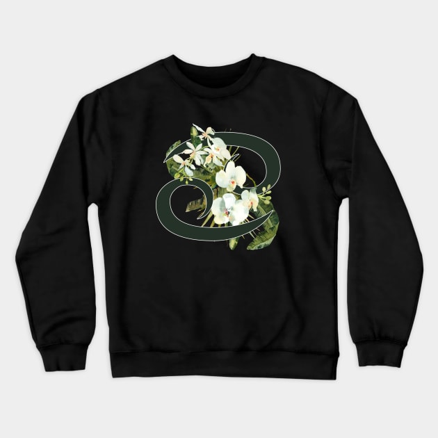 Cancer Horoscope Zodiac White Orchid Design Crewneck Sweatshirt by bumblefuzzies